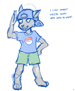quick sketch of pup vaurien dressed as the pokemon youngster, wearing shorts and a pokeball t-shirt, and text that says I like shorts! They're comfy and easy to wear!. art by player.